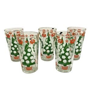 Vintage Merry Christmas Holiday Glasses Set (6) Mod Tree Happy New Year Tumblers